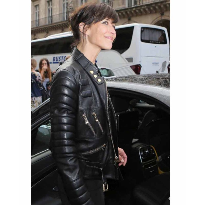 Sophie Marceau Padded Design Black Leather Jacket Sophie Marceau Padded Design Black Leather Jacket