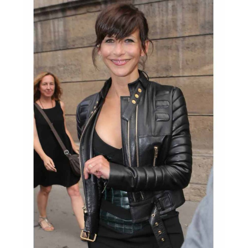 Sophie Marceau Padded Design Black Leather Jacket Sophie Marceau Padded Design Black Leather Jacket