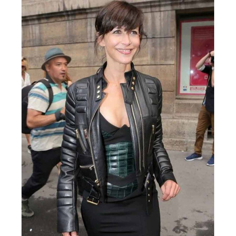 Sophie Marceau Padded Design Black Leather Jacket Sophie Marceau Padded Design Black Leather Jacket