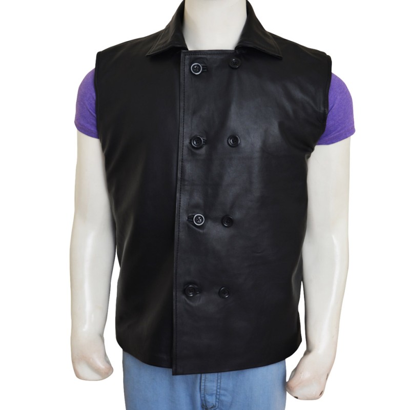 Double Breasted Style Spider-Man Noir Black Leather Vest Double Breasted Style Spider-Man Noir Black Leather Vest