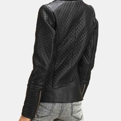 Women's Stand Collar Quilted Leather Motorcycle Jacket