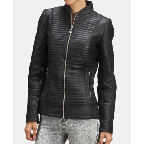 Women's Stand Collar Quilted Leather Motorcycle Jacket