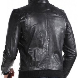 Men's Designer Stand Collar Black Leather Bomber Jacket
