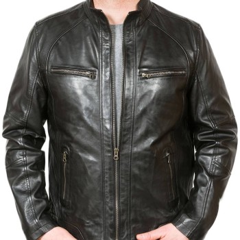 Men's Simple Look Stand Collar Black Leather Biker Jacket