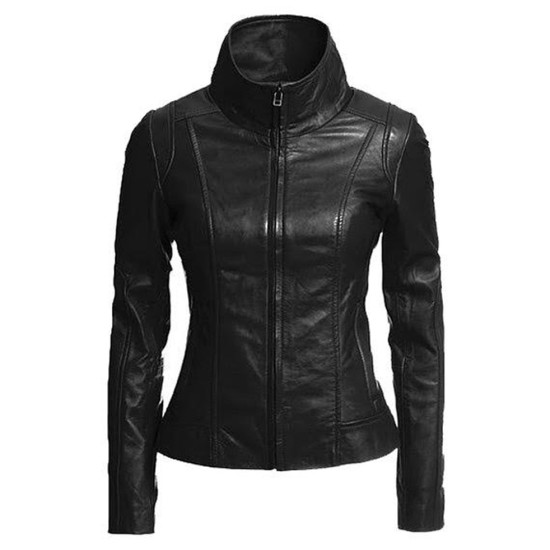 Women's Casual Stand Collar Black Leather Jacket