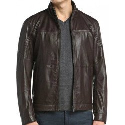 Men's Casual Stand Up Collar Dark Brown Leather Jacket