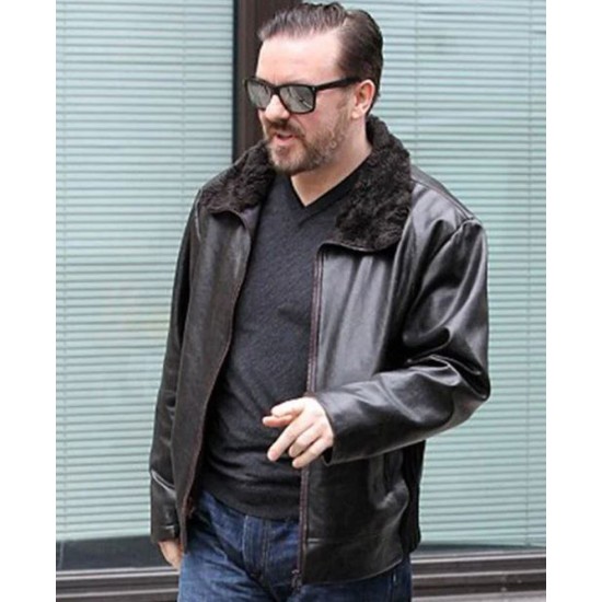 After Life Ricky Gervais Leather Jacket with Fur Collar