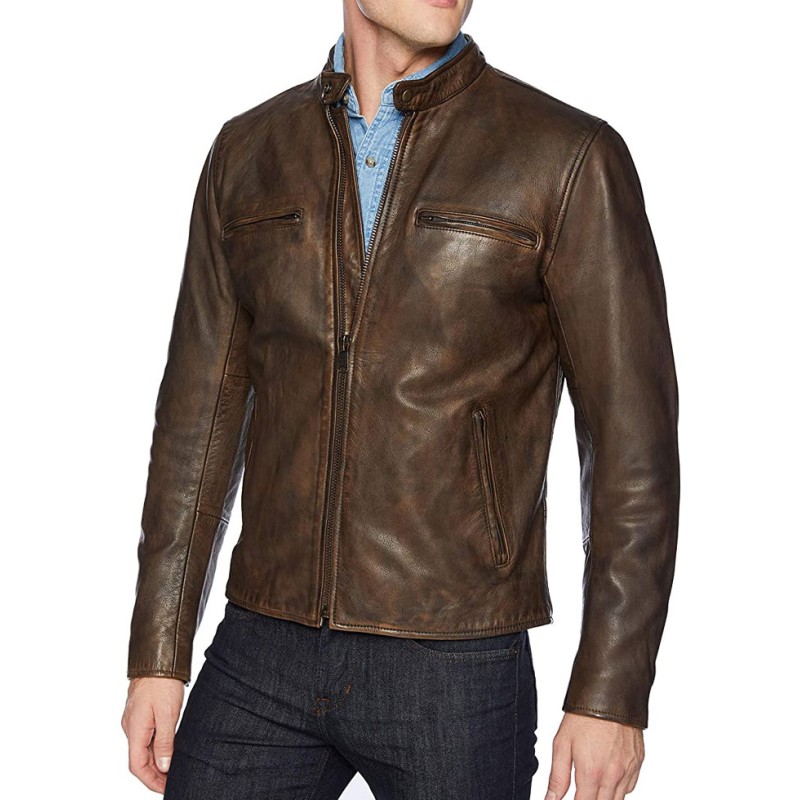 Men's Front Zipper Lucky Motorcycle Vintage Leather Jacket