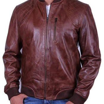 Men's Diamond Quilted Waxed Brown Leather Bomber Jacket