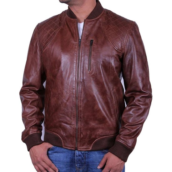 Men's Diamond Quilted Waxed Brown Leather Bomber Jacket
