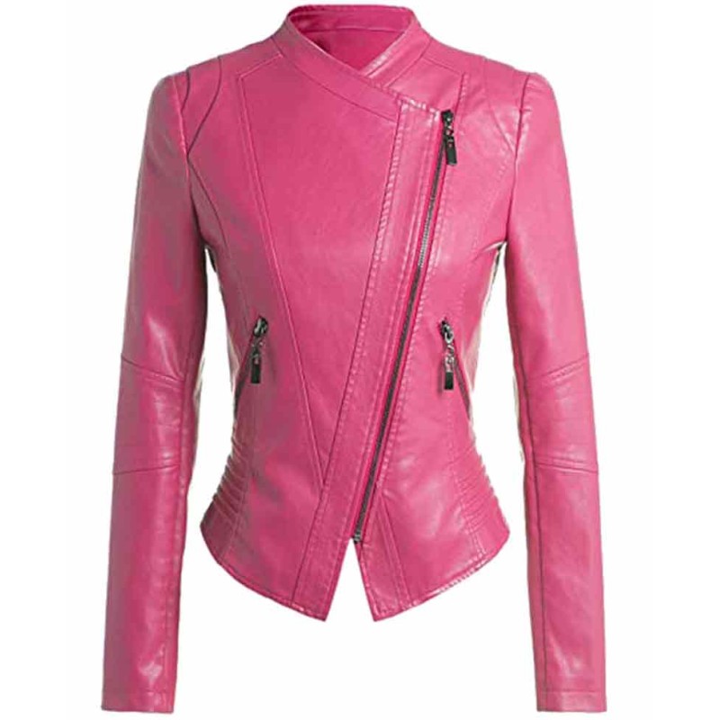 Women's Motorcycle Slim Fit Hot Pink Leather Jacket