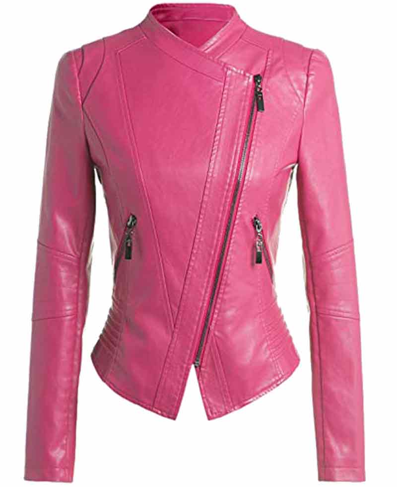hot pink leather moto jacket