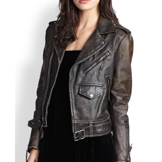 Women's Moto Asymmetrical Distressed Leather Jacket