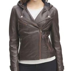 Womens Asymmetrical Zipper Brown Leather Jacket with Hoodie 