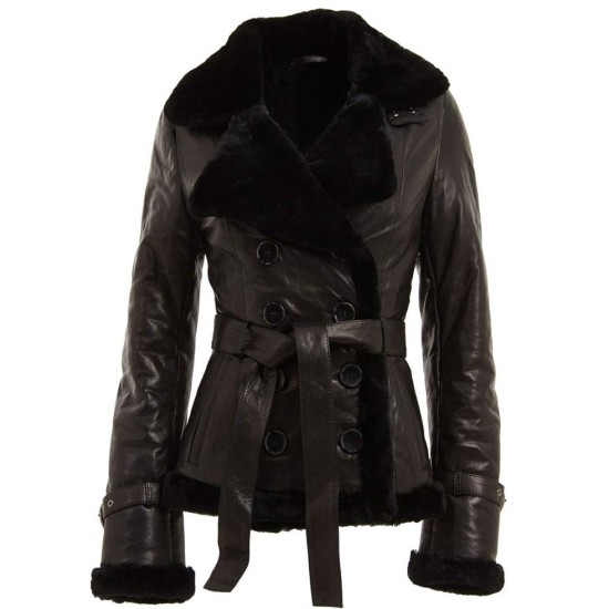 Women's Aviator Double Breasted Belted Black Leather Jacket 