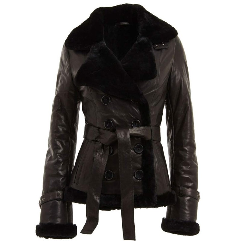 Women's Aviator Double Breasted Belted Black Leather Jacket Women's Aviator Double Breasted Belted Black Leather Jacket