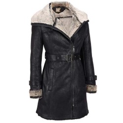 Women's Shearling Belted Black Leather Coat