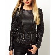 Women's Double Zipper Quilted Leather Sleeves Jacket