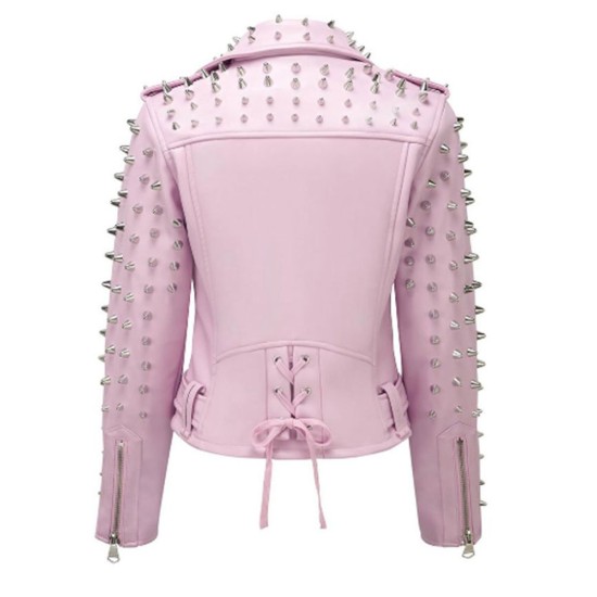 Women's Studded Biker Pink Leather Asymmetrical Jacket