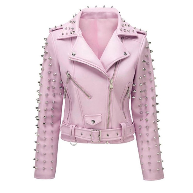 Women's Studded Biker Pink Leather Asymmetrical Jacket Women's Studded Biker Pink Leather Asymmetrical Jacket