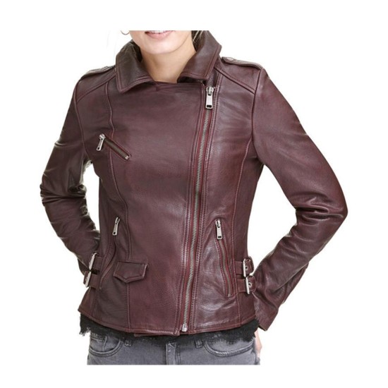 Womens Biker Asymmetrical Burgundy Leather Jacket
