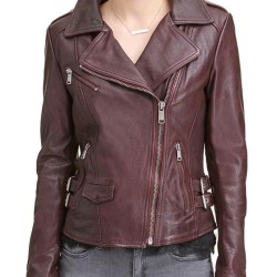 Womens Biker Asymmetrical Burgundy Leather Jacket