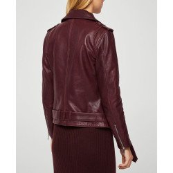 Women's Belted Style Motorcycle Burgundy Leather Jacket