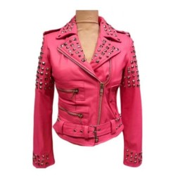 Women’s Biker Pink Silver Studded Jacket