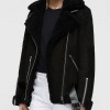 Women's Biker Shearling Black Suede Leather Jacket with Fur Collar