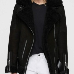 Women's Biker Shearling Black Suede Leather Jacket with Fur Collar
