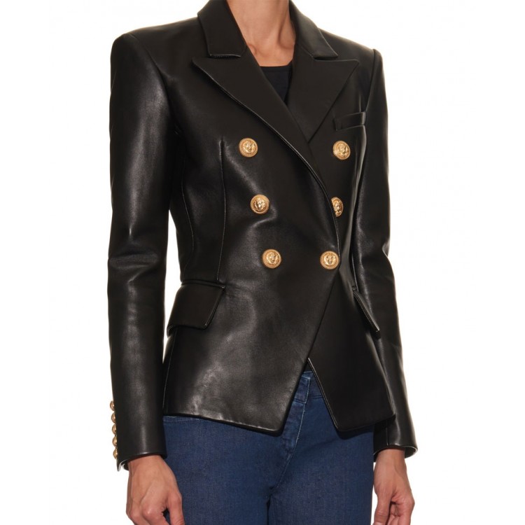 Women's Double Breasted Black Leather Blazer Women's Double Breasted Black Leather Blazer