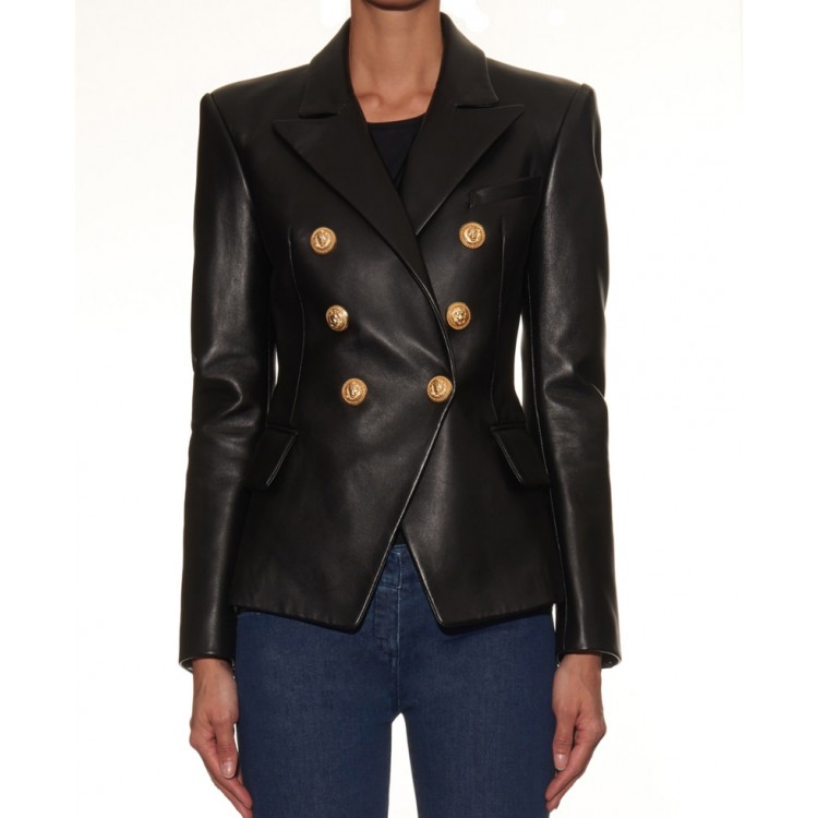 Women's Double Breasted Black Leather Blazer Women's Double Breasted Black Leather Blazer