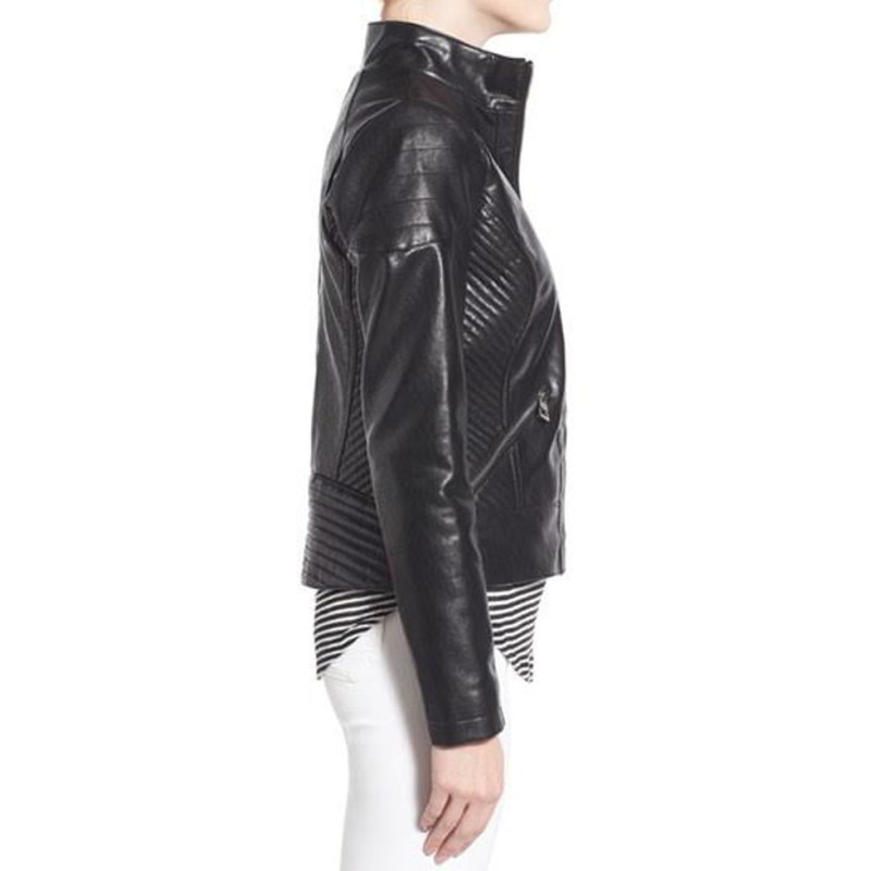 Women's Stand Collar Black Faux Leather Jacket Women's Stand Collar Black Faux Leather Jacket