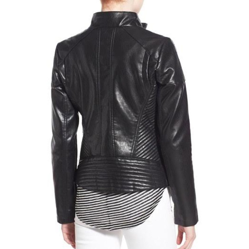 Women's Stand Collar Black Faux Leather Jacket Women's Stand Collar Black Faux Leather Jacket
