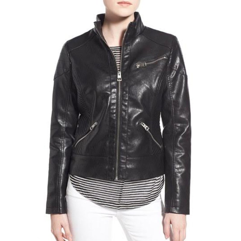 Women's Stand Collar Black Faux Leather Jacket Women's Stand Collar Black Faux Leather Jacket