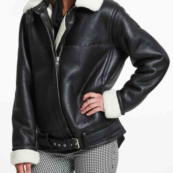 Women's Shearling Biker Style Black Leather Jacket with Fur Collar