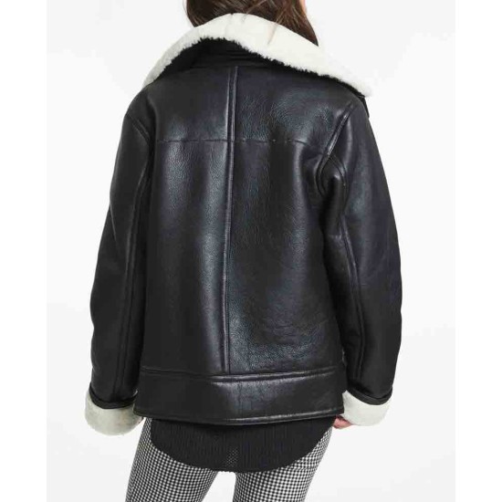 Women's Shearling Biker Style Black Leather Jacket with Fur Collar