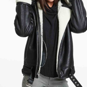 Women's Shearling Biker Style Black Leather Jacket with Fur Collar