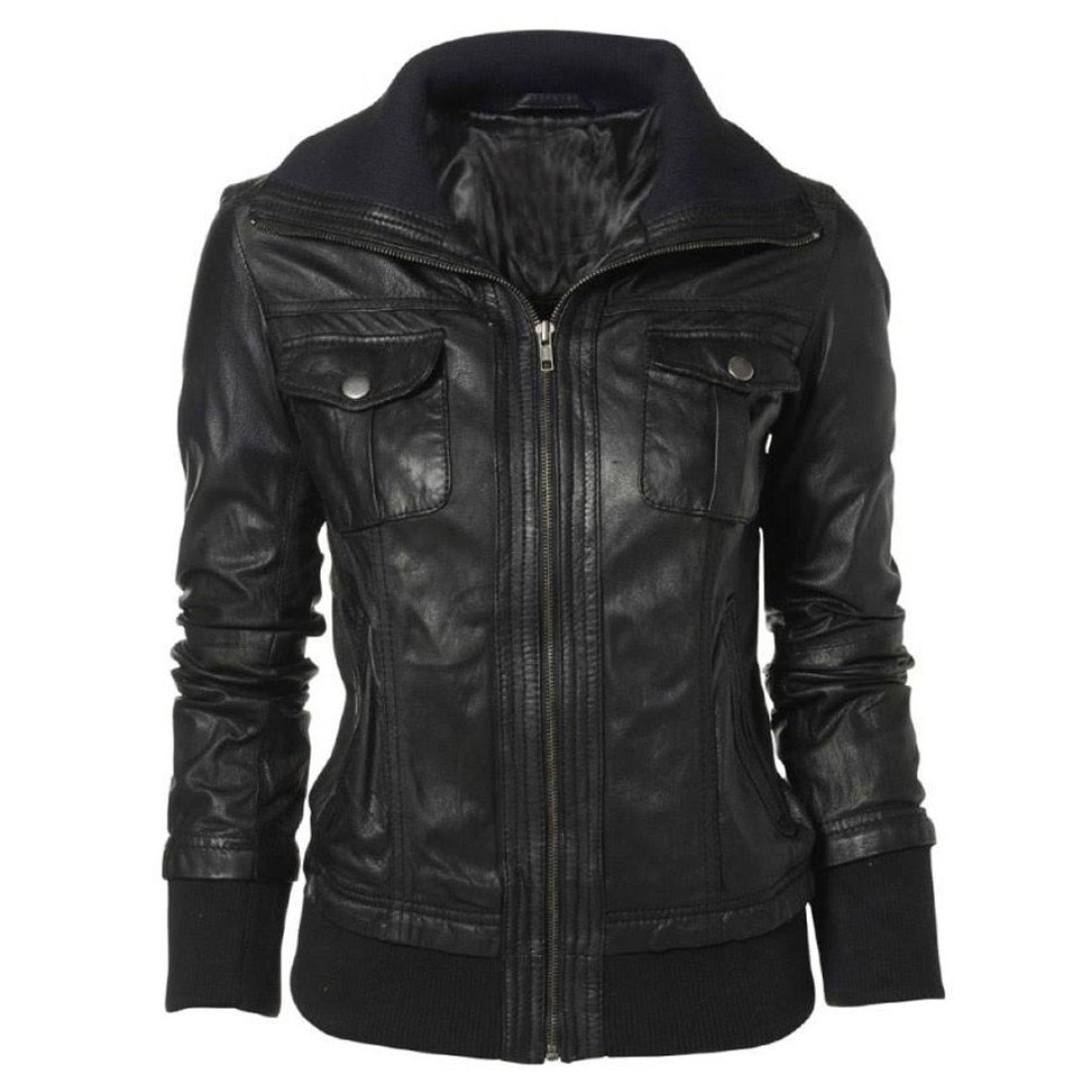 Women's Bomber Leather Double Collar Jacket - Films Jackets
