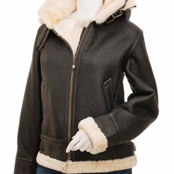 Women's Shearling Brown Leather Jacket with Hood
