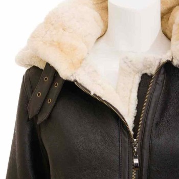 Women's Shearling Brown Leather Jacket with Hood