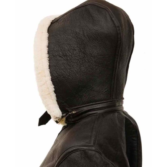 Women's Shearling Brown Leather Jacket with Hood
