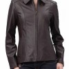 Women's Shirt Collar Casual Brown Leather Jacket