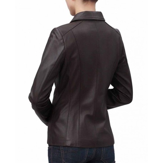 Women's Shirt Collar Casual Brown Leather Jacket