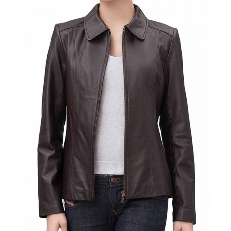Women's Shirt Collar Casual Brown Leather Jacket Women's Shirt Collar Casual Brown Leather Jacket