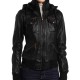 Women's Casual Bomber Black Leather Jacket with Hoodie