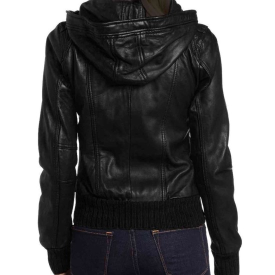 Women's Casual Bomber Black Leather Jacket with Hoodie