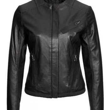 Casual Wear Collarless Black Leather Jacket for Women