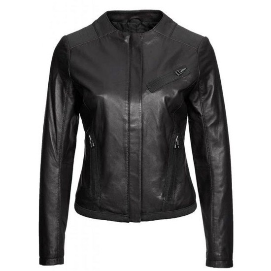 Casual Wear Collarless Black Leather Jacket for Women
