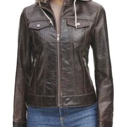 Women's Crackle Brown Vintage Leather Jacket with Removable Hood